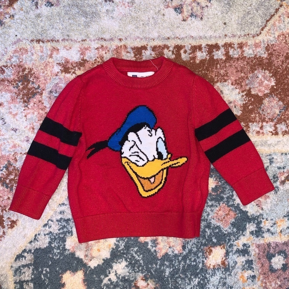 GAP DISNEY Donald Duck Red Knit Boys Crewneck Sweater Disneyland Size 12-18 Mos - Picture 1 of 3